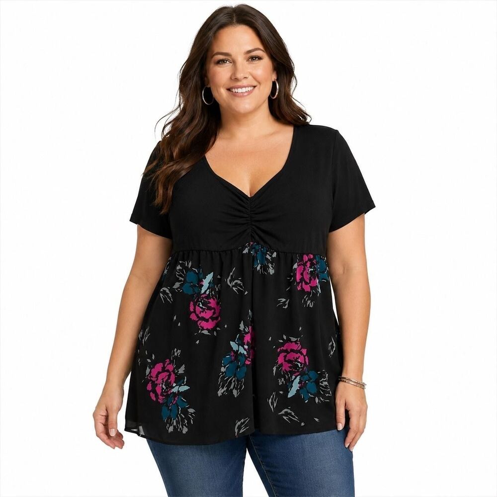 Torrid Tunic Blouse Womens Large  Black Floral V Neck Short Sleeve Babydoll Top